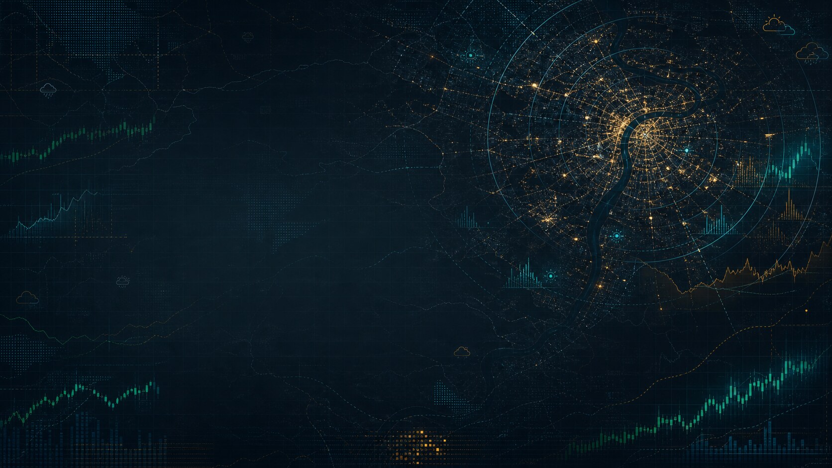 Abstraktní datová mapa Prahy s radarovými kruhy, počasovým gridem a tržními signály